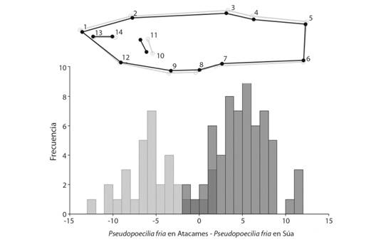 An&aacute;lisis discriminante de la forma del cuerpo de Pseudopoecilia fria entre los r&iacute;os Atacames y S&uacute;a.