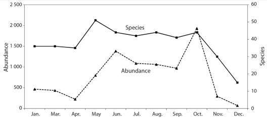 Phenology of Papilionidae and Pieridae of the Loxicha Region, Oaxaca. Combined data of seven years of sampling. February was not sampled during this study.