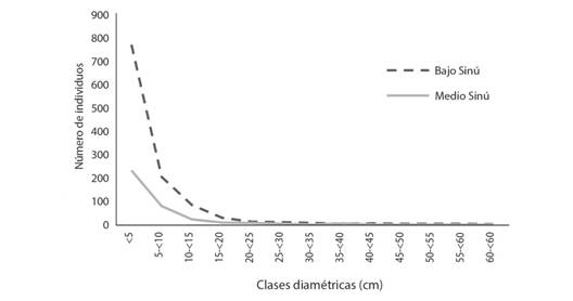 Distribuci&oacute;n diam&eacute;trica de individuos de bosque seco en las subregiones bajo y medio Sin&uacute;, C&oacute;rdoba (Colombia).