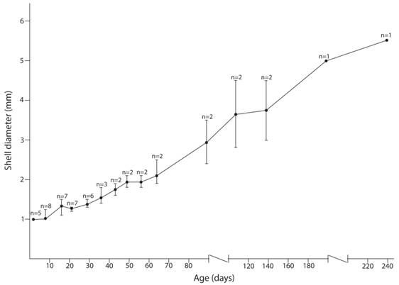 Growth curve of T. (T.) costaricanus. Vertical lines represent maximum and minimum values. N = sample size.