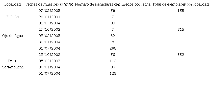 N&uacute;mero de individuos de Fundulus lima capturados en cada fecha y localidad de muestreo en el r&iacute;o La Pur&iacute;sima, Baja California Sur, M&eacute;xico
