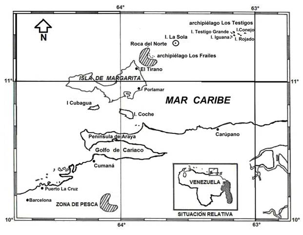 Zona de pesca del archipi&eacute;lago Los Frailes, Venezuela. Modificado de Gonz&aacute;lez, Eslava y Guevara (2001).