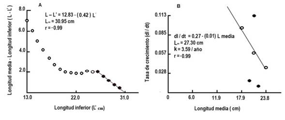 Estimaci&oacute;n de la longitud asint&oacute;tica (L&infin;) aplicando el modelo de Powell (1979) y Wetherall (1986). B. Estimaci&oacute;n de la longitud asint&oacute;tica (L&infin;) y el coeficiente de crecimiento (k) aplicando el modelo de Gulland & Holt (1959) de Haemulon plumieri del archipi&eacute;lago Los Frailes, Venezuela, enero-diciembre 2014. Valores considerados en la regresi&oacute;n lineal en A ( y ( en B.