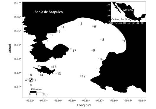 Localizaci&oacute;n de los sitios de colecta durante mayo y diciembre del 2013, en la Bahia de Acapulco, Guerrrero.