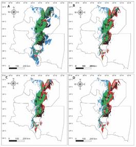 Synergistic effect of climate change and land use change on A. colubrina future distribution, A. scenario CC2.6, B. scenario CC4.5, C. scenario CC6.0 and D. scenario CC8.5. Green: stable areas, red: retraction areas, and blue: expansion areas, black: lost areas.