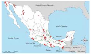 Mexico&rsquo;s languages at very high risk of disappearance shown in red (from INALI, 2012; coloring denotes areas in which the language is spoken), and its most biologically diverse states bordered in green.