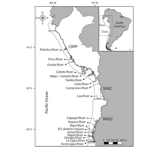 Geographic scope according literature review in the North Western Andean region of Per&uacute; and Chile. The dashed black line indicates the latitudinal range of distribution of Cryphiops caementarius. The continuous black line indicates hydrographic zones. CRPP = continental region of the Pacific of Per&uacute;, SRAZ = sporadic rivers in the Northern arid zone from Chile, RMSZ = rivers from mixed regime in the semi-arid zone of central-Northern Chile.