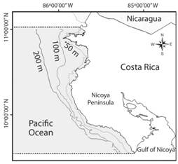 Shaded area: sampling zone (56-359 m) of the Nishin Maru shrimp trawler 1987-1988 For station positions see Table 4, Pacific coast of Costa Rica.