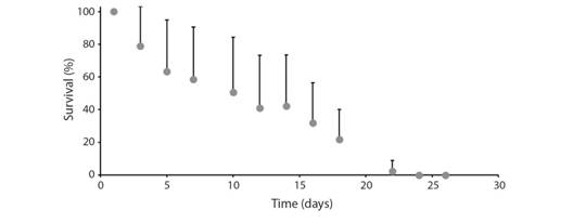 Post-settlement survival of new recruits on settlement tiles under controlled conditions. Circles represent the mean percent survival of coral recruits and error bars are standard deviation.
