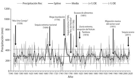 Reconstrucci&oacute;n de la precipitaci&oacute;n de los &uacute;ltimos 468 a&ntilde;os (noviembre-mayo, 1550-2017) en la Reserva de la Biosfera El Cielo, M&eacute;xico. La l&iacute;nea gris indica la variabilidad de frecuencia alta de la precipitaci&oacute;n (anual), la l&iacute;nea negra indica la variabilidad de la precipitaci&oacute;n en d&eacute;cadas (de baja frecuencia &ldquo;spline&rdquo;), la l&iacute;nea discontinua representa la precipitaci&oacute;n media reconstruida, mientras que las l&iacute;neas punteadas por arriba y por debajo de la media marcan una desviaci&oacute;n est&aacute;ndar (DE) e indican lluvia o sequ&iacute;a extrema, respectivamente.