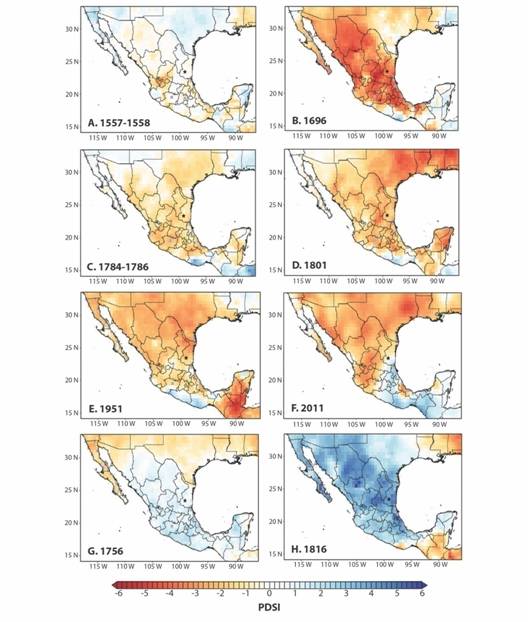 Condiciones de sequ&iacute;a o humedad en M&eacute;xico seg&uacute;n el Mexican Drought Atlas: PDSI (&Iacute;ndice de Sequ&iacute;a Severa de Palmer: junio, julio y agosto). Los valores -6 (color rojo) y 6 (color azul) indican sequ&iacute;a o humedad extrema, respectivamente (Stahle et al., 2016). Se muestran los a&ntilde;os con (A-F) menor y (G-H) mayor precipitaci&oacute;n. La Reserva de la Biosfera El Cielo se indica con una estrella negra. Los mapas verifican la calidad de la reconstrucci&oacute;n hist&oacute;rica de la precipitaci&oacute;n para el &aacute;rea de estudio.