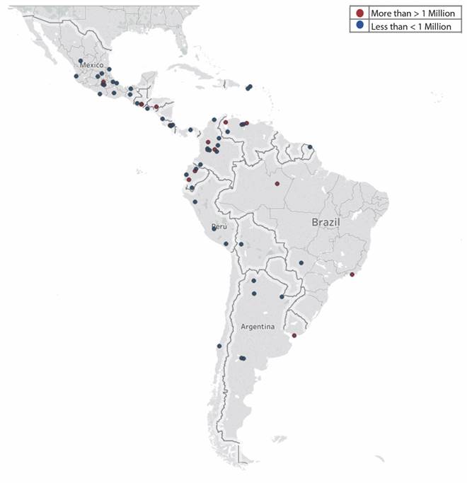Latin American cities (approximate location) included in our study, based on answers from survey participants. Map source: Tableau software 2019. Support for research group EIS-UTP.