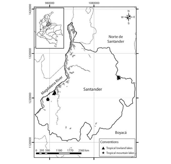 Map and location of the study area, showing the nine tropical lakes of sampling.