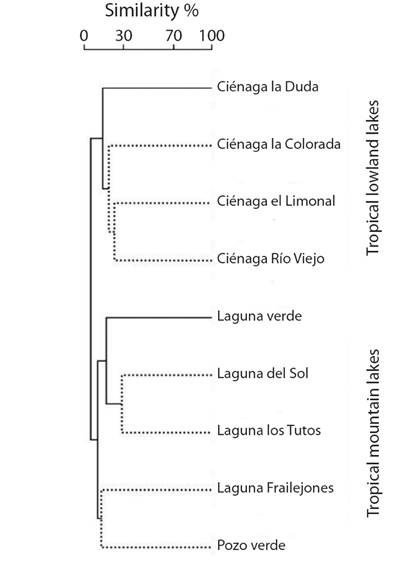 Dendrogram of cluster analysis using the Jaccard similarity index of planktonic species. Dotted lines: significant differences (SIMPROF, p < 0.05).