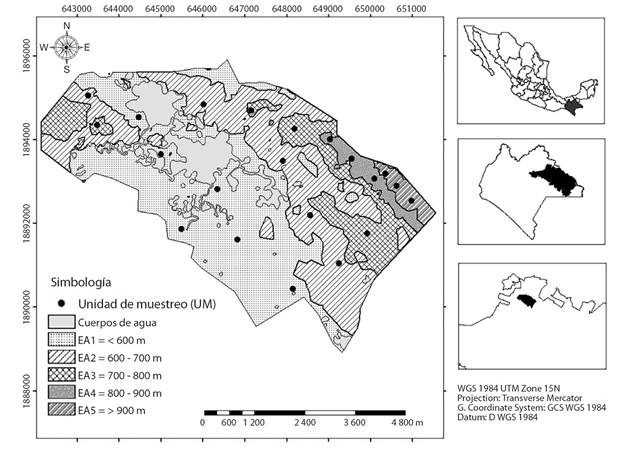 Distribuci&oacute;n de las unidades de muestreo (UM) en cinco estratos altitudinales.