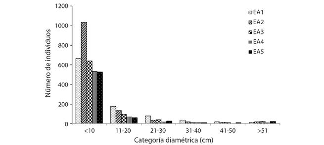 Distribuci&oacute;n diam&eacute;trica de &aacute;rboles en cinco estratos altitudinales (EA). 