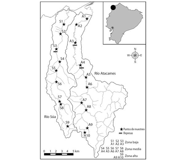 &Aacute;rea de estudio con localidades de muestreo y separaci&oacute;n de zonas de estudio, en la provincia de Esmeraldas, noroccidente de Ecuador.