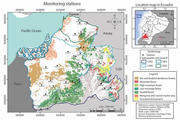Sampling sites location in Southwest Ecuador. Basin and biomes information of each site is included. 