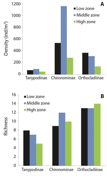 A. Chironomids subfamilies densities of high, middle, and low elevations from Southwestern Ecuador. B. Chironomid subfamilies richness from Southwestern Ecuador. The green bars correspond to high elevation rivers; the blue ones correspond to mid-elevation rivers and the black ones to low elevation rivers.