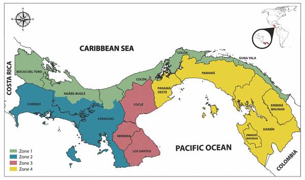 Geographical regions where Bothrops asper snakes were collected. Zone 1: Bocas del Toro, Veraguas&rsquo; Caribbean region, Colon and Guna Yala; Zone 2: Chiriqu&iacute; and Veraguas&rsquo; Pacific region; Zone 3: Los Santos, Herrera and Cocle; and Zone 4: West Panama, Panama and Darien.