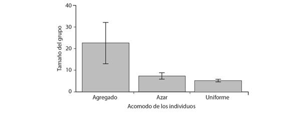 Tama&ntilde;o del grupo promedio seg&uacute;n el acomodo de los individuos en el refugio. Las l&iacute;neas verticales en cada columna muestran el error est&aacute;ndar alrededor de la media.