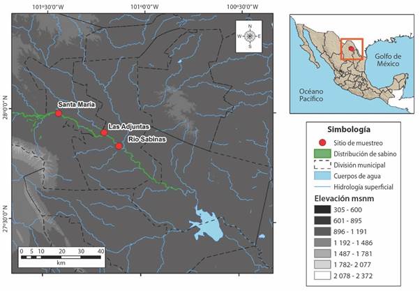 Ubicaci&oacute;n geogr&aacute;fica de zona de estudio en la regi&oacute;n carbon&iacute;fera del estado de Coahuila.