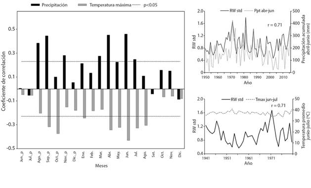 Asociaci&oacute;n clim&aacute;tica entre la cronolog&iacute;a y las variables precipitaci&oacute;n y temperatura m&aacute;xima. Los valores que se ubican por encima y por debajo de la l&iacute;nea horizontal punteada son significativos (P < 0.05).