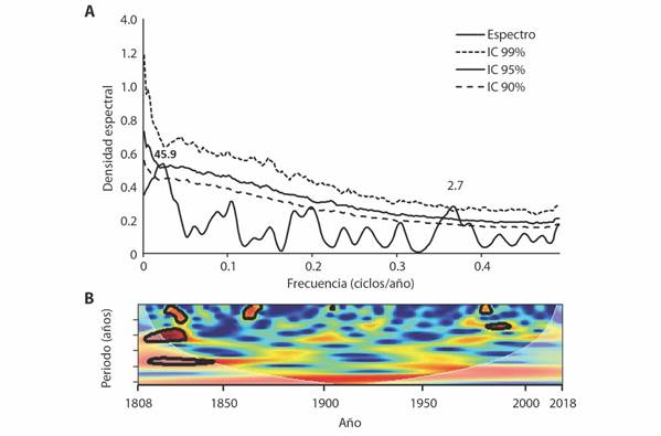 A. An&aacute;lisis espectral de potencia. La l&iacute;nea ondulada continua representa el espectro, al considerar tres niveles de significancia (90 % l&iacute;nea quebrada, 95 % l&iacute;nea obscura continua y 99 % l&iacute;nea punteada, parte superior; B. An&aacute;lisis de coherencia de ondeleta, las zonas delimitadas con l&iacute;neas de contorno en obscuro, indican significancia al 95 %.