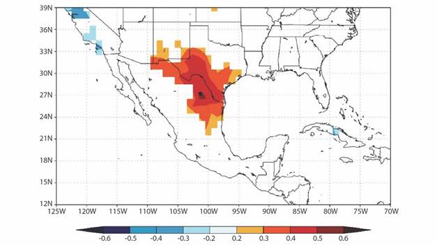 Correlaci&oacute;n espacial entre la serie de anillo total de T. mucronatum (Ahuehuete) en el R&iacute;o Sabinas y el &iacute;ndice SPEI de junio, per&iacute;odo de 1951 a 2018. La estrella en color negro representa el sitio de muestreo.