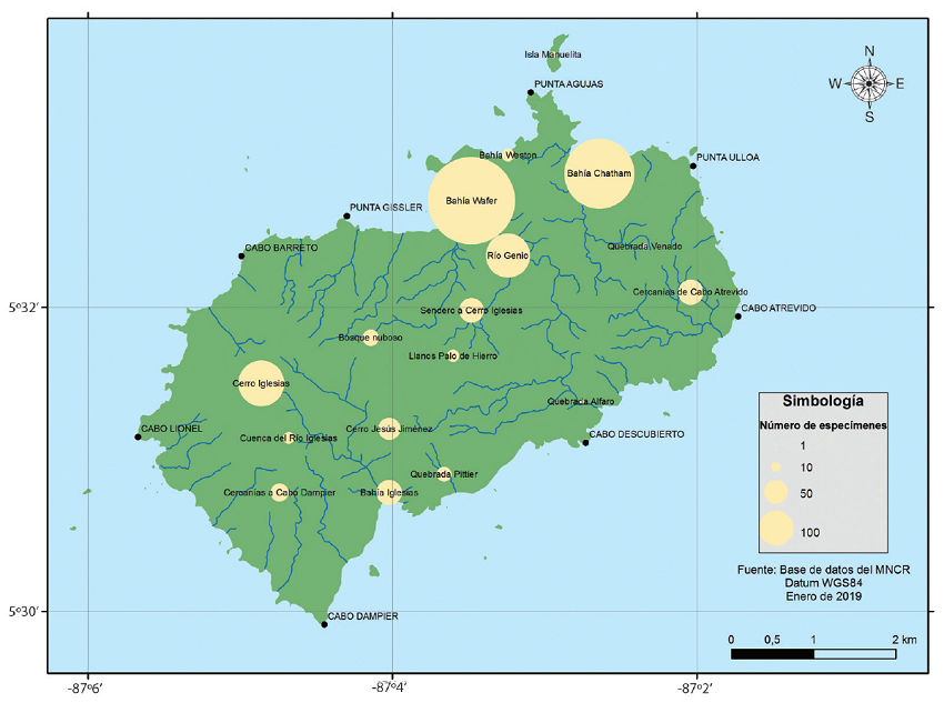 Distribuci&oacute;n del esfuerzo de recolecta de plantas vasculares en la Isla del Coco, Puntarenas, Costa Rica.
