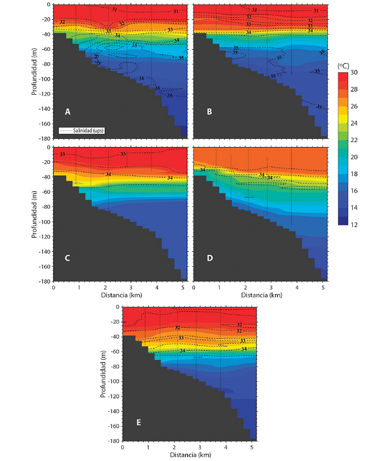 Distribuci&oacute;n vertical de temperatura y salinidad para la Isla Dos Amigos. Campa&ntilde;as: A) abril 2008, B) marzo 2009, C) abril 2010, D) julio 2011 y E) marzo 2012. Las mediciones corresponden al transecto con cuadros amarillos en la Fig. 1B. Los tonos de color representan la temperatura del oc&eacute;ano. Los contornos con l&iacute;neas segmentadas representan la salinidad. El intervalo de contornos es 0.5ups y va de 30 a 38ups. Las l&iacute;neas verticales con puntos son las estaciones de muestreo.