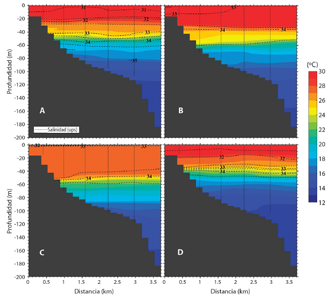 Igual que en la Fig. 2 pero para Bah&iacute;a Wafer. Campa&ntilde;as: A) abril 2008, B) abril 2010, C) julio 2011 y D) marzo 2012. Las mediciones corresponden al transecto con cuadros azules en la Fig. 1B.