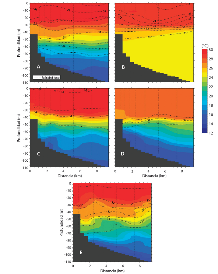 Igual que en la Fig. 2, pero para Bah&iacute;a Chatham. Las mediciones corresponden al transecto con cuadros verdes claros en la Fig. 1B.