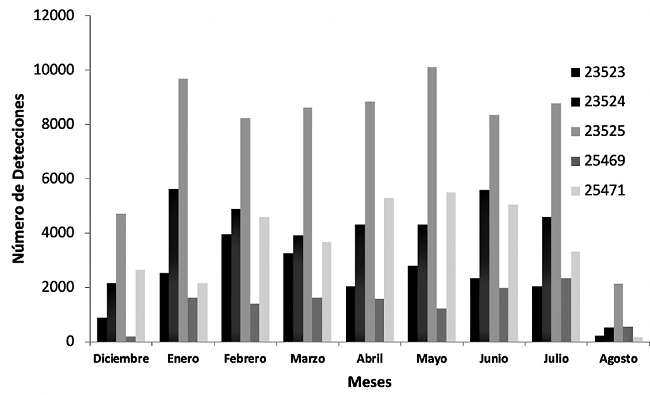 N&uacute;mero de detecciones registradas por mes por los tiburones punta blanca de arrecife (Triaenodon obesus) en Bah&iacute;a Chatham, Parque Nacional Isla del Coco, Costa Rica.