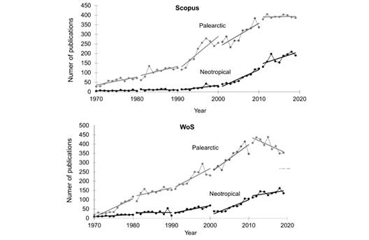 Temporal variation in the number of documents in Scopus and WoS for Palearctic (grey) and Neotropical (black) mammal species selected in our study. The dashed lines indicate the tendency in each decade.