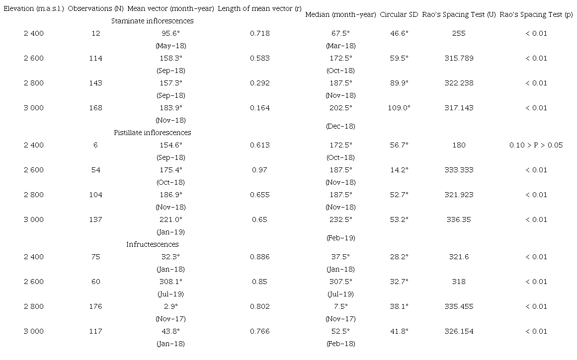 Descriptive and circular statistics for the 24-month reproductive phenological cycle of Ceroxylon quindiuense in Tochecito, Tolima, Colombia