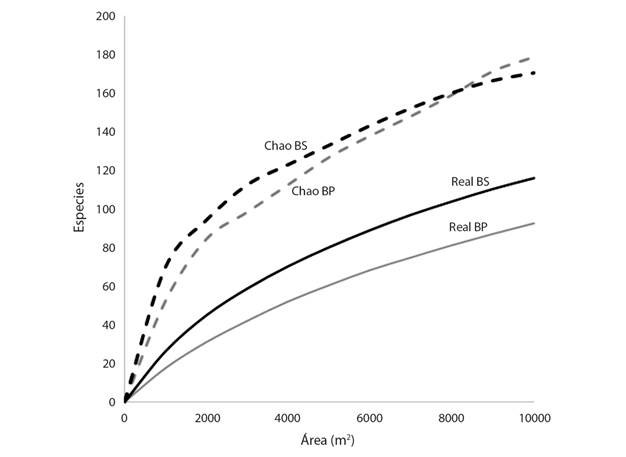Especies acumuladas por &aacute;rea, observadas y estimadas para un bosque secundario (BS) y un bosque primario (BP) en Boca Tapada, Pital, San Carlos, Costa Rica. / Fig. 5. Cumulative species by area observed and estimated for a secondary forest (BS) and a primary forest (BP) in Boca Tapada, Pital, San Carlos, Costa Rica.