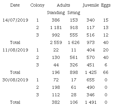 Number of individuals (adults and juveniles) and eggs for each evaluation during 2019 in Salinas Lake, Arequipa, Peru