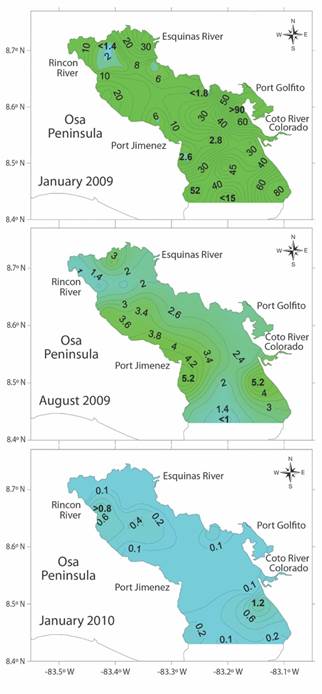 Chlorophyll-a concentrations (&micro;mol/l) at the surface of 22 stations along Golfo Dulce. January and August 2009 and January 2010. Adapted from Rinc&oacute;n-Alejos and Ballesteros-Sakson (2015).