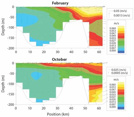 Simulated monthly (February, dry season - October, rainy season) current speeds (m/sec) in a vertical section along the central Golfo Dulce. Small right upper boxes: note large scale differences between vertical and horizontal currents. The sill area is located between positions 30 to 50 km. Adapted from Svendsen et al. (2006).