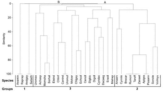 Dendrogram showing the association of alien species. Solid lines delimit statistically different groups of species. Letters represent the statistical differences between groups. Differences between groups two and three are shown by A π = 2.34, P = 0.003. The difference between the group two and three combination and group one is shown by B π = 2.1, P = 0.004. For the acronyms, see Table 1.