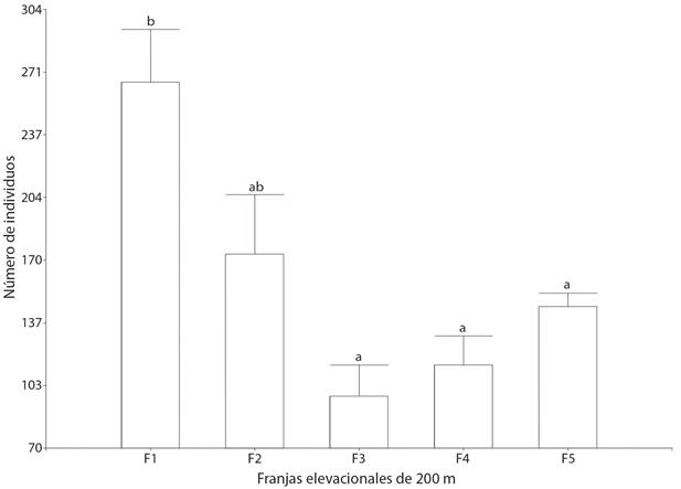 Comparaci&oacute;n de la abundancia de especies a trav&eacute;s del gradiente elevacional. Las barras representan el error est&aacute;ndar. Letras diferentes indican diferencias significativas entre franjas elevacionales con una P < 0.004. F1 = 1 000-1 200 m de elevaci&oacute;n, F2 = 1 200-1 400 m, F3 = 1 400-1 600 m, F4 = 1 600-1 800 m, F5 = 1 800-2 000 m. / Fig. 3. Comparison of species abundance through the elevation gradient. The bars represent the standard error. Different letters indicate significant differences between elevation belts with a P < 0.004. F1 = 1 000-1 200 m of elevation, F2 = 1 200-1 400 m, F3 = 1 400-1 600 m, F4 = 1 600-1 800 m, F5 = 1 800-2 000 m.