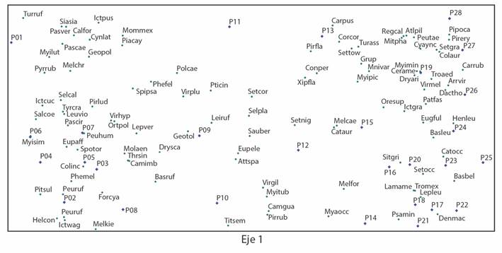 Relaci&oacute;n entre los puntos de conteo fijos y las especies a trav&eacute;s del gradiente elevacional. Los rombos representan los puntos conteo fijos y los acr&oacute;nimos las especies (ver Tabla 1). / Fig. 4. Relationship between fixed counting points and species through the elevation gradient. The diamonds represent the fixed counting points and the acronyms the species (see Table 1).