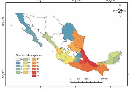 N&uacute;mero de especies y subespecies de la familia Spiraxidae por estado en M&eacute;xico. / Fig. 3. Number of species and subspecies of the family Spiraxidae by state in Mexico.