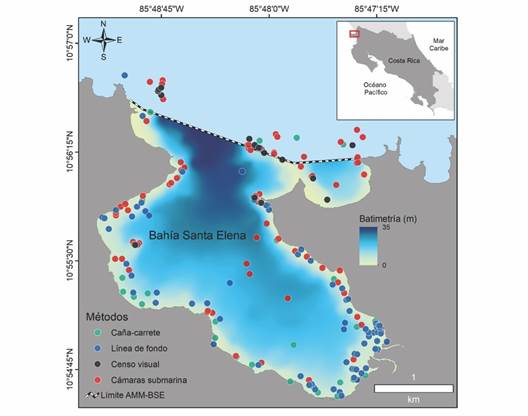 Ubicaci&oacute;n de los diferentes m&eacute;todos de muestreo empleados en el &Aacute;rea Marina de Manejo Bah&iacute;a Santa Elena (AMM-BSE), Pac&iacute;fico Norte de Costa Rica. / Fig. 1. Location of the different sampling methods used in Bah&iacute;a Santa Elena Marine Management Area (AMM-BSE), North Pacific of Costa Rica.