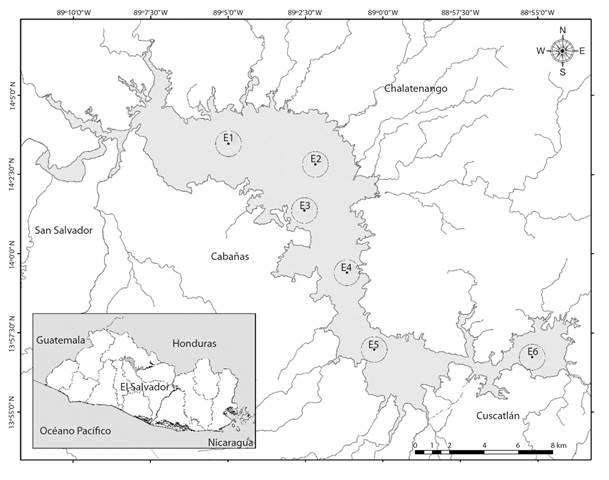 Área de estudio. Distribución de las seis estaciones de muestreo en el Embalse Cerrón Grande (E1 a E6). / Fig. 1. Study area. Distribution of the six sampling stations in Embalse Cerrón Grande (E1 to E6).