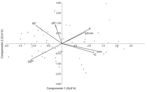 Análisis de Componentes Principales de factores ambientales analizados. DS: Disco Secchi (cm); NT: nitrógeno total (mg/l); P: fósforo como ortofosfato (µg/l); Conductividad eléctrica (µS/cm); lluvia (mm); Temperatura (°C). / Fig. 2. Principal Component Analysis of environmental factors analyzed. SD: Secchi disk (cm); NT: total nitrogen (mg/l); P: phosphorus as orthophosphate (µg/l); Electrical conductivity (µS/cm); rain (mm); Temperature (°C).