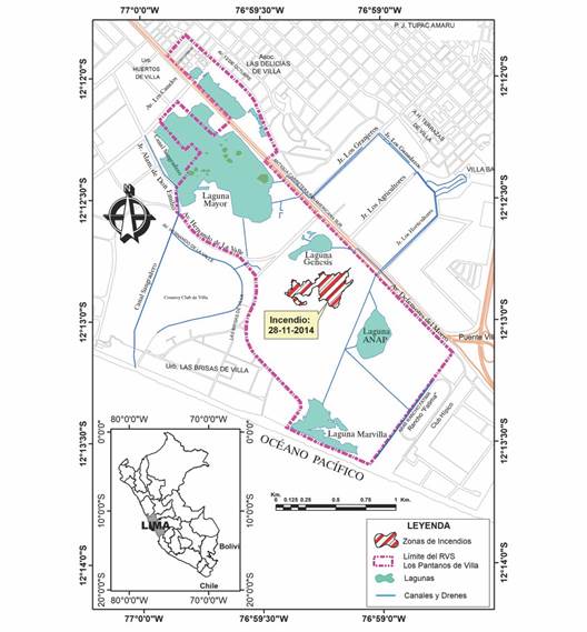 Mapa de ubicaci&oacute;n de los Pantanos de Villa (Lima-Per&uacute;) y zona del incendio ocurrido en el 2014. / Fig. 1. Location map of the Pantanos de Villa (Lima-Peru) and area of the fire that occurred in 2014.