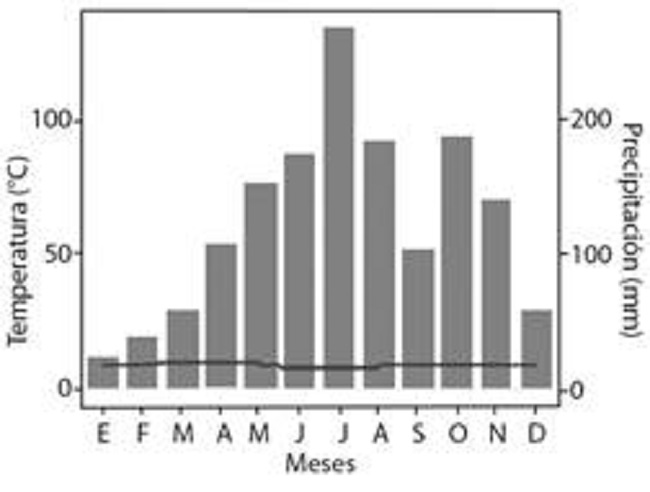 Registros meteorol&oacute;gicos medios de precipitaci&oacute;n y temperatura del sector Laguna Verde, p&aacute;ramo de Rabanal. WorldClim-Global Climate Data. (Fick & Hijmans, 2017). / Fig. 1. Average meteorological records of precipitation and temperature of the Laguna Verde sector, Rabanal paramo. WorldClim-Global Climate Data. (Fick & Hijmans, 2017).