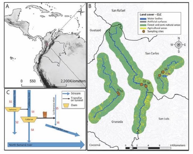 Study area. A. location; B. flow diagram, reservoirs and drains of the Calderas system; C. location of sampling sites and coverage map of the Calderas, Tafetanes and La Arenosa rivers.